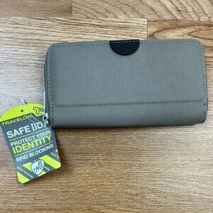Travelon RFID Blocking Wallet Wristlet Taupe Zip Around, Turquoise Interior NEW